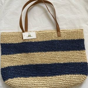 Large NWT Tote Bag Purse Woven Stripe navy blue light natural color Beach